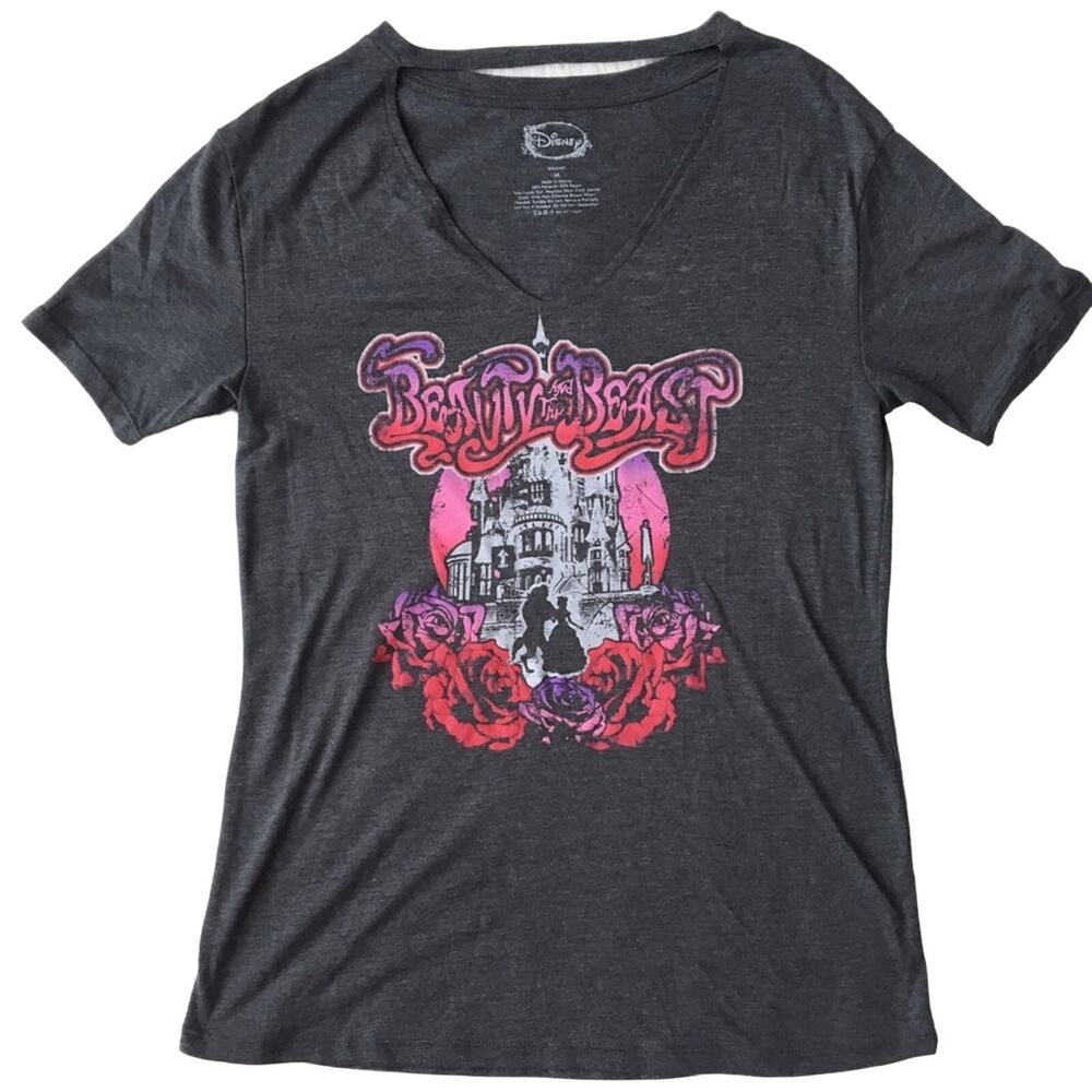 Disney Beauty and the Beast Short Sleeve Cutout Neck Graphic T-Shirt Gray Medium